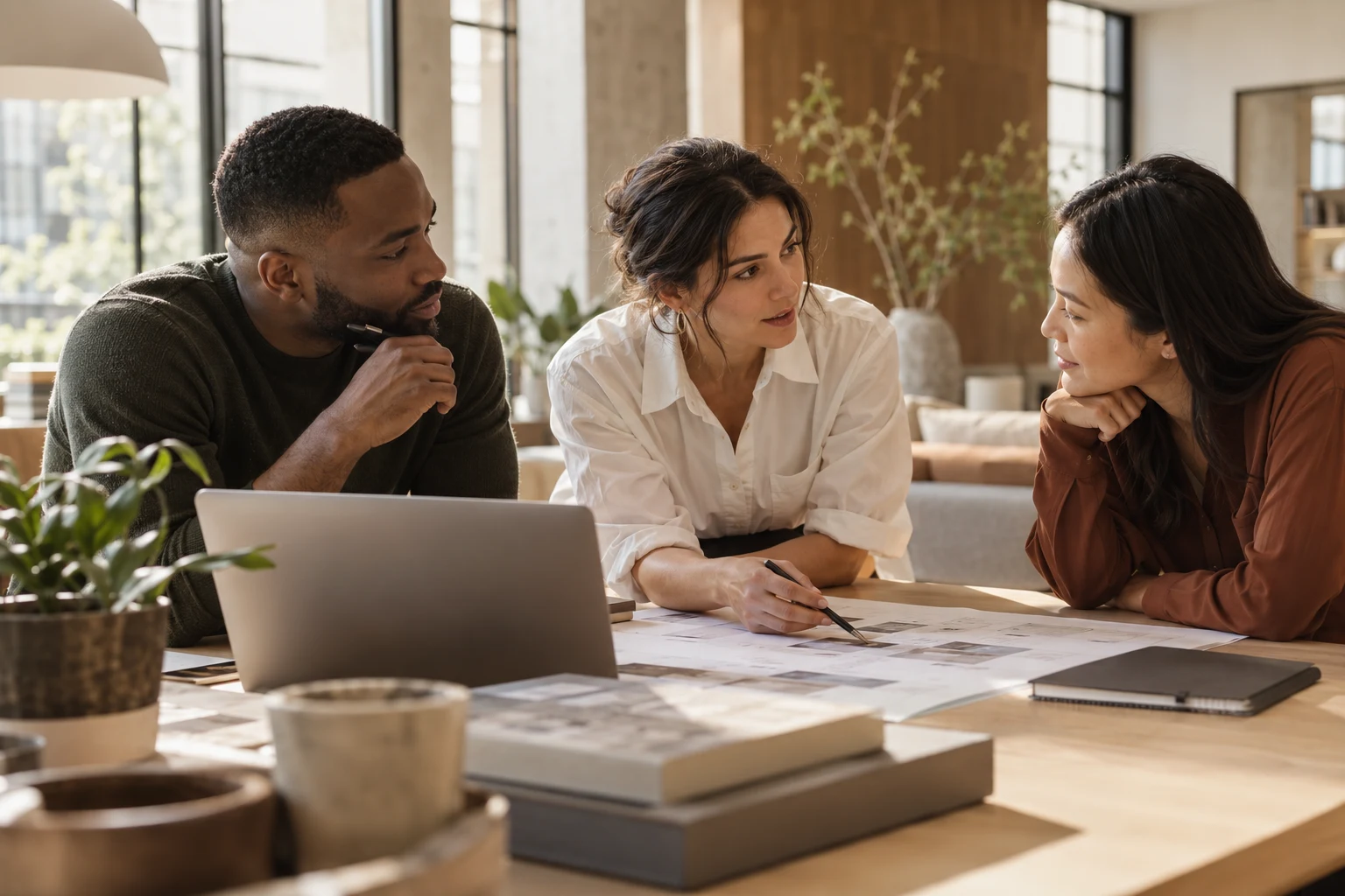 Professionals in a thoughtful conversation around a meeting table